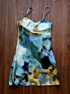 Abstract Artsy Cowl Neck Mini Slip Dress